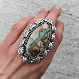 Huge Royston Ribbon Turquoise Hand Stamped Ring or Pendant- Sterling Silver Overlay Ring- Finished to Size