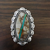 Huge Royston Ribbon Turquoise Hand Stamped Ring or Pendant- Sterling Silver Overlay Ring- Finished to Size