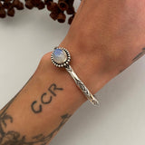 Stamped Stacker Cuff- Sterling Silver and Rainbow Moonstone Bracelet- Size S/M