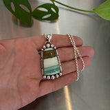 Endless Summer Statement Necklace- Sterling Silver and Blue Opal Petrified Wood- 20" Rolo Chain