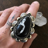 Hand-Stamped Sun and Moon White Buffalo Overlay Ring- Sterling Silver and White Buffalo Ribbon - Finished to Size