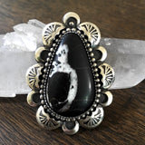 Hand-Stamped Sun and Moon White Buffalo Overlay Ring- Sterling Silver and White Buffalo Ribbon - Finished to Size