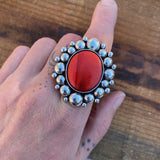 Large Rosarita Super Bubble Ring- Sterling Silver and Red Rosarita- Finished to Size or as a Pendant