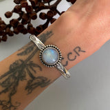 Stamped Wide Stacker Cuff- Sterling Silver and Rainbow Moonstone Bracelet- Size S/M