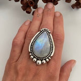 Huge Teardrop Moonstone Statement Ring or Pendant- Sterling Silver and Rainbow Moonstone- Finished to Size