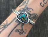 Stamped Turquoise Cuff Bracelet- Sterling Silver and Pilot Mountain Turquoise Wide Stacker Cuff- Size M/L