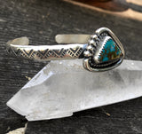 Stamped Turquoise Cuff Bracelet- Sterling Silver and Pilot Mountain Turquoise Wide Stacker Cuff- Size M/L