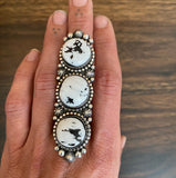 Huge Ornate 3-Stone White Buffalo Ring- Sterling Silver and White Buffalo- Finished to Size or as a Pendant