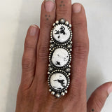 Huge Ornate 3-Stone White Buffalo Ring- Sterling Silver and White Buffalo- Finished to Size or as a Pendant