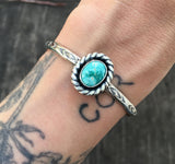 Stamped Turquoise Cuff Bracelet- Sterling Silver and Royston Turquoise Stacker Cuff- Size S/M
