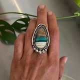 Vibrant Teardrop Endless Summer Ring or Pendant- Sterling Silver and Blue Opal Petrified Wood- Finished to Size