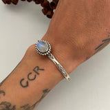 Stamped Stacker Cuff- Sterling Silver and Rainbow Moonstone Bracelet- Size XS