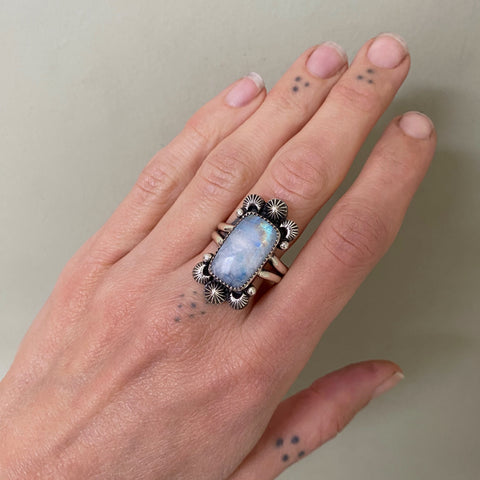 Celestial Rainbow Moonstone Ring- Size 10- Rainbow Moonstone and Sterling Silver