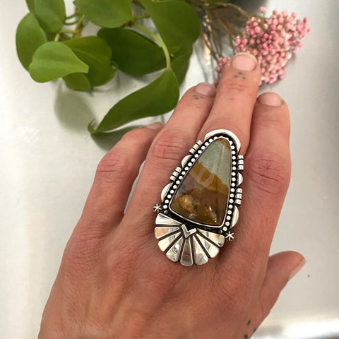 The Desert Portal Ring #1- Blue Mustang Picture Jasper and Sterling Silver- Finished to Size or as a Pendant