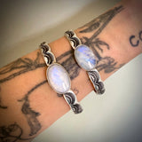 The Rainbow Stamped Stacker Cuff- Size S/M- Heavyweight Sterling Silver and Rainbow Moonstone Bracelet