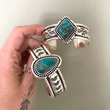 The Folklore Cuff- Size S/M- Royston Turquoise and Stamped Sterling Silver Bracelet