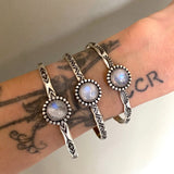 Stamped Stacker Cuff- Size S/M- Rainbow Moonstone and Sterling Silver Bracelet