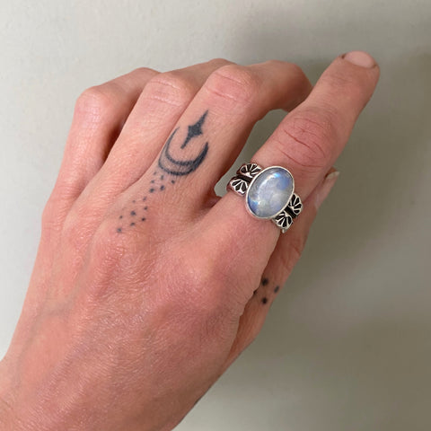 The Reflection Ring- Rainbow Moonstone and Stamped Sterling Silver- Size 6.5