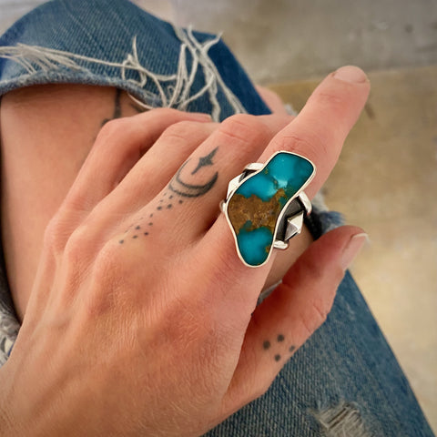 The Squiggle Signet Ring- Size 7.25- Kingman Turquoise and Sterling Silver