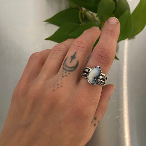 The Snow Globe Ring- Dendritic Opal and Sterling Silver- Size 7