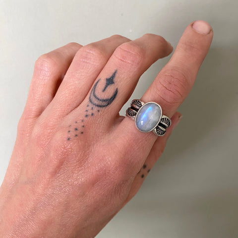 The Reflection Ring- Rainbow Moonstone and Stamped Sterling Silver- Size 8.5
