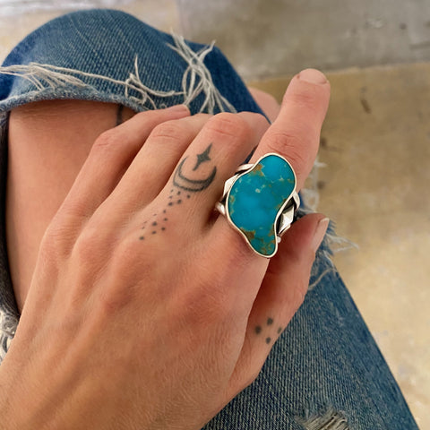 The Squiggle Signet Ring- Size 8- Kingman Turquoise and Sterling Silver