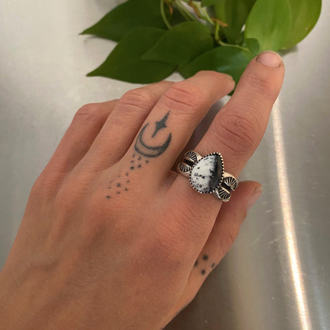 The Snow Globe Ring- Dendritic Opal and Sterling Silver- Size 8