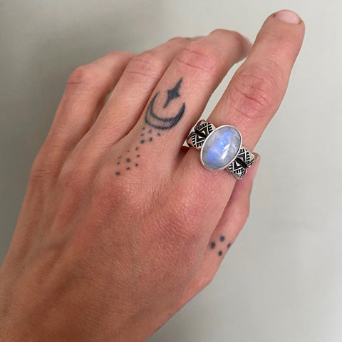 The Reflection Ring- Rainbow Moonstone and Stamped Sterling Silver- Size 9.5