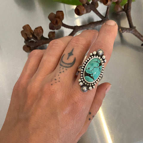 The Full Moon Ring- Size 9- Bamboo Mountain Turquoise and Hand Stamped Sterling Silver