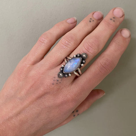 Celestial Rainbow Moonstone Ring- Size 9- Rainbow Moonstone and Sterling Silver