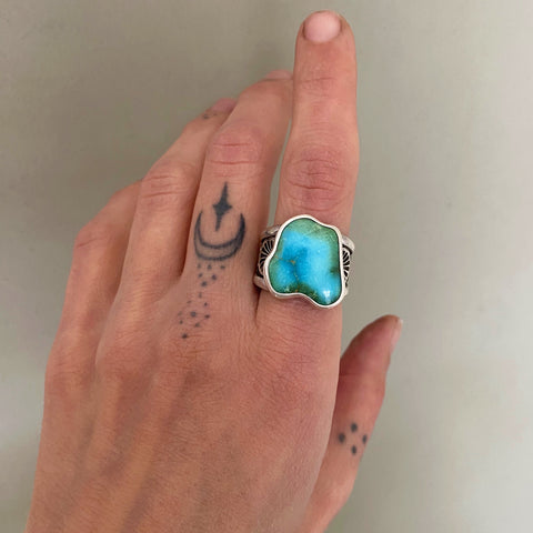 The Squiggle Signet Ring- Size 9- Sonoran Gold Turquoise and Sterling Silver