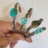 Heavyweight Stamped Cuff- Size M/L- Natural Carico Lake Turquoise and Chunky Sterling Silver Bracelet
