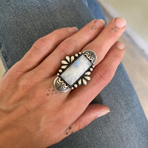 The Andromeda Ring- Rainbow Moonstone and Sterling Silver- Finished to Size or as a Pendant