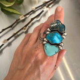 The XXL Bedrock Ring- Morenci II, Turquoise Mountain, and Natural Carico Lake Turquoise and Sterling Silver- Finished to Size or as a Pendant