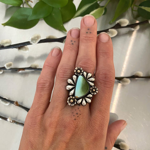 The Flora Ring- Natural Royston Turquoise, Sterling Silver, and 14k Gold- Finished to Size or as a Pendant