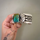 The Fluorescence Cuff- Size S/M- Bamboo Mountain Turquoise and Stamped Sterling Silver Bracelet