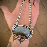 The Northern Lights Necklace- Plume Agate and Sterling Silver- 17" Chunky Sterling Curb Chain