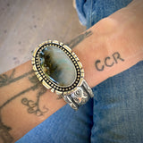 The Northern Lights Cuff- Size L/XL- Plume Agate and Stamped Sterling Silver Bracelet