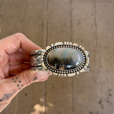 The Northern Lights Cuff- Size L/XL- Plume Agate and Stamped Sterling Silver Bracelet