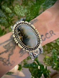 The Northern Lights Cuff- Size L/XL- Plume Agate and Stamped Sterling Silver Bracelet