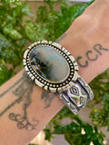 The Northern Lights Cuff- Size L/XL- Plume Agate and Stamped Sterling Silver Bracelet