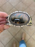 The Northern Lights Cuff- Size L/XL- Plume Agate and Stamped Sterling Silver Bracelet