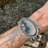 The Northern Lights Cuff- Size L/XL- Plume Agate and Stamped Sterling Silver Bracelet