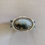 The Northern Lights Cuff- Size L/XL- Plume Agate and Stamped Sterling Silver Bracelet