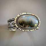 The Northern Lights Cuff- Size L/XL- Plume Agate and Stamped Sterling Silver Bracelet