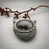 The Northern Lights Cuff- Size L/XL- Plume Agate and Stamped Sterling Silver Bracelet