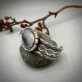 The Northern Lights Cuff- Size L/XL- Plume Agate and Stamped Sterling Silver Bracelet