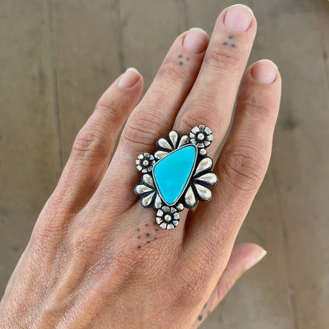 The Flora Ring- Carico Lake Turquoise and Sterling Silver- Finished to Size or as a Pendant