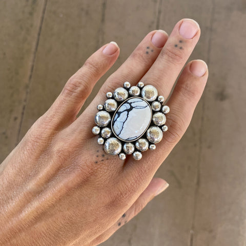 The White Buffalo Supernova Ring- Natural White Buffalo and Sterling Silver- Finished to Size or as a Pendant