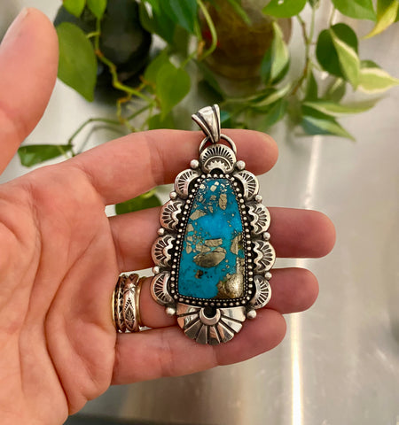 RESERVED FOR SANDRINE- Morenci II Turquoise and Sterling Silver Overlay Pendant